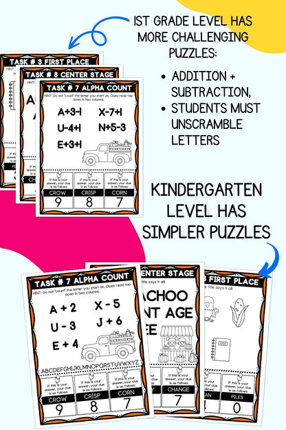 A preview of two levels of fall escape room puzzle for kindergarten and first grade