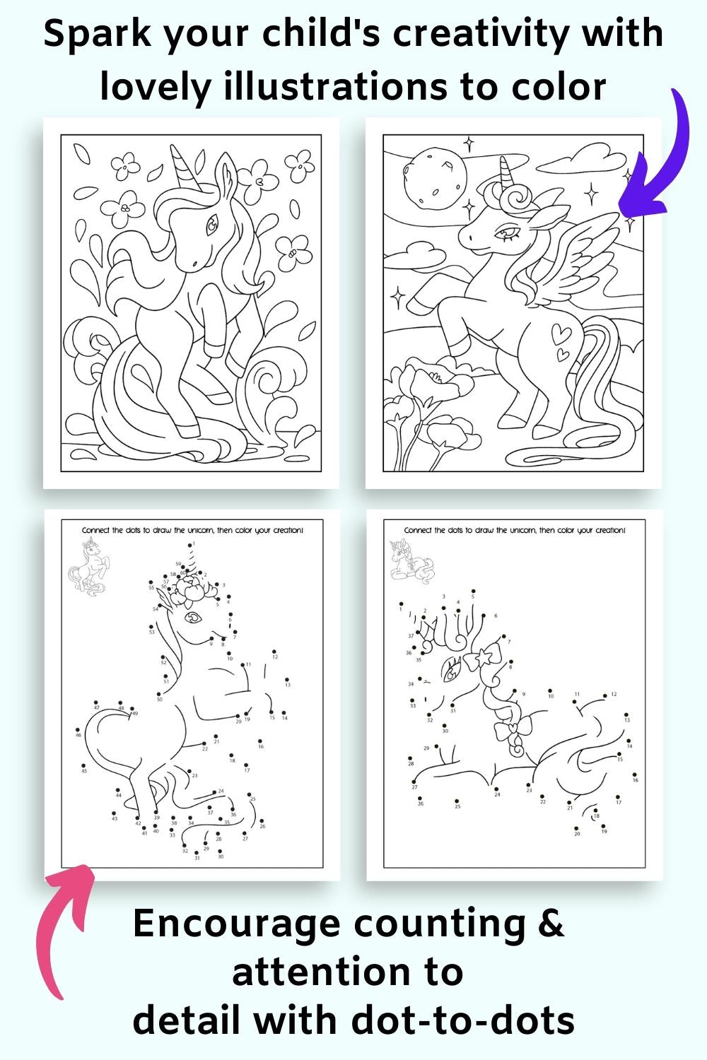 a preview of two unicorn coloring pages and two unicorn dot to dot images