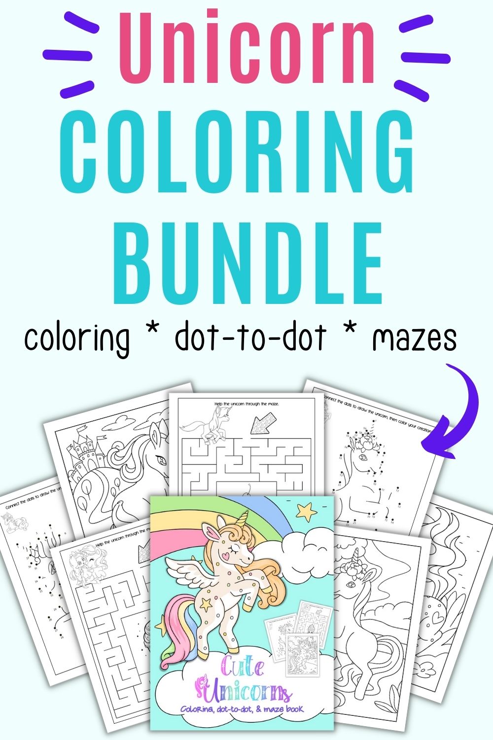 a mockup of a unicorn coloring bundle with coloring pages, dot to dot, and mazes