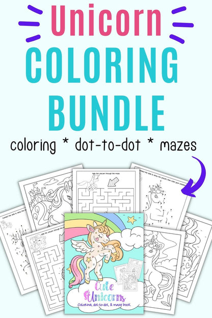 a mockup of a unicorn coloring bundle with coloring pages, dot to dot, and mazes