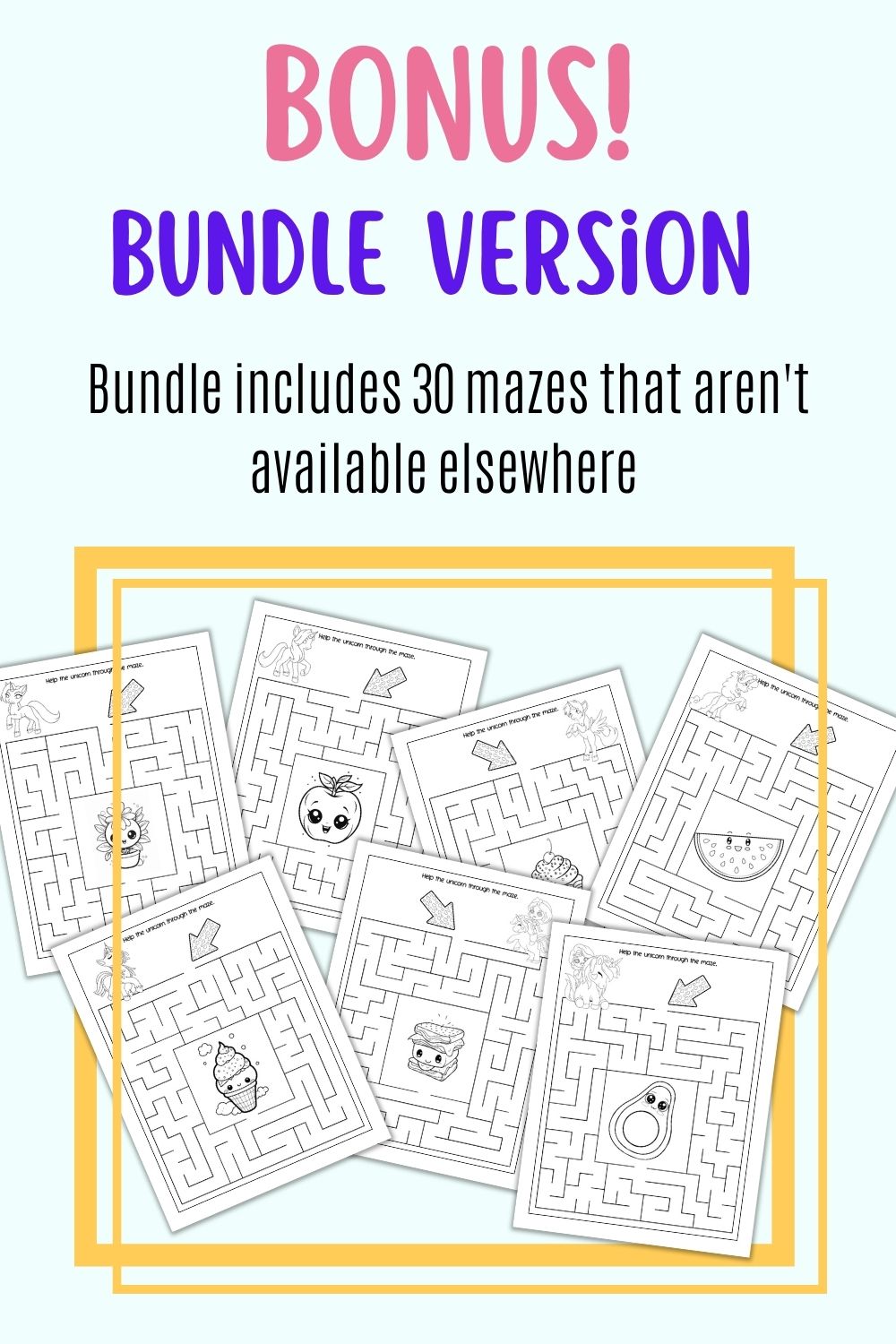 Text "bonus bundle version! Bundle includes 30 mazes that aren't available elsewhere" with a preview of 7 mazes