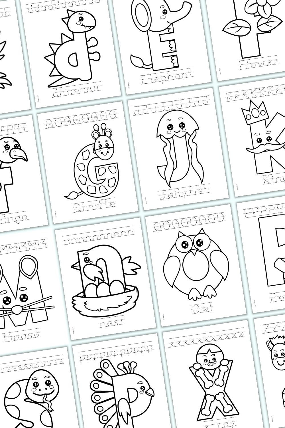 16 pages of coloring and alphabet letter tracing pages