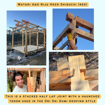 Collage of images showing wooden construction work with text about a stacked half lap joint and Ori Oki Gumi roofing style.