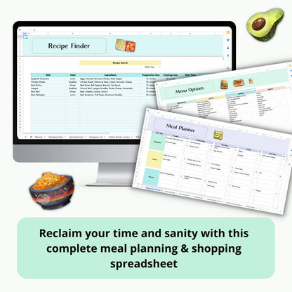 Text "reclaim your time and sanity with this complete meal planning and shopping spreadsheet"