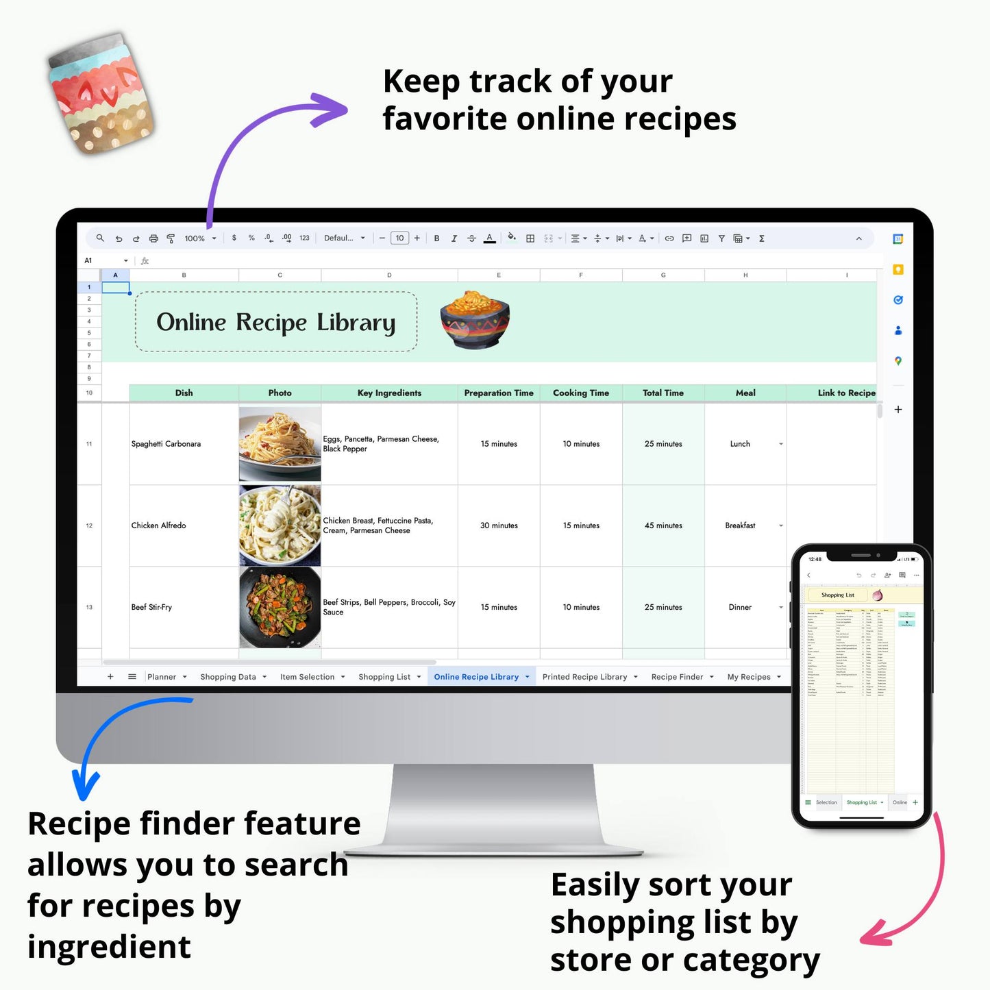 Text "keep track of your favorite online recipes. Recipe finder feature allows you to search for recipes by ingredient. Easily sort your shopping list by store or category"