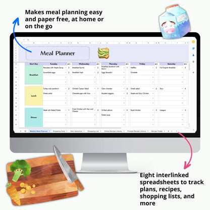 Text "makes meal planning easy and paper free, at home or on the go" and "eight internlinked spreadsheets to track plans, recipes, shopping lists, and more: