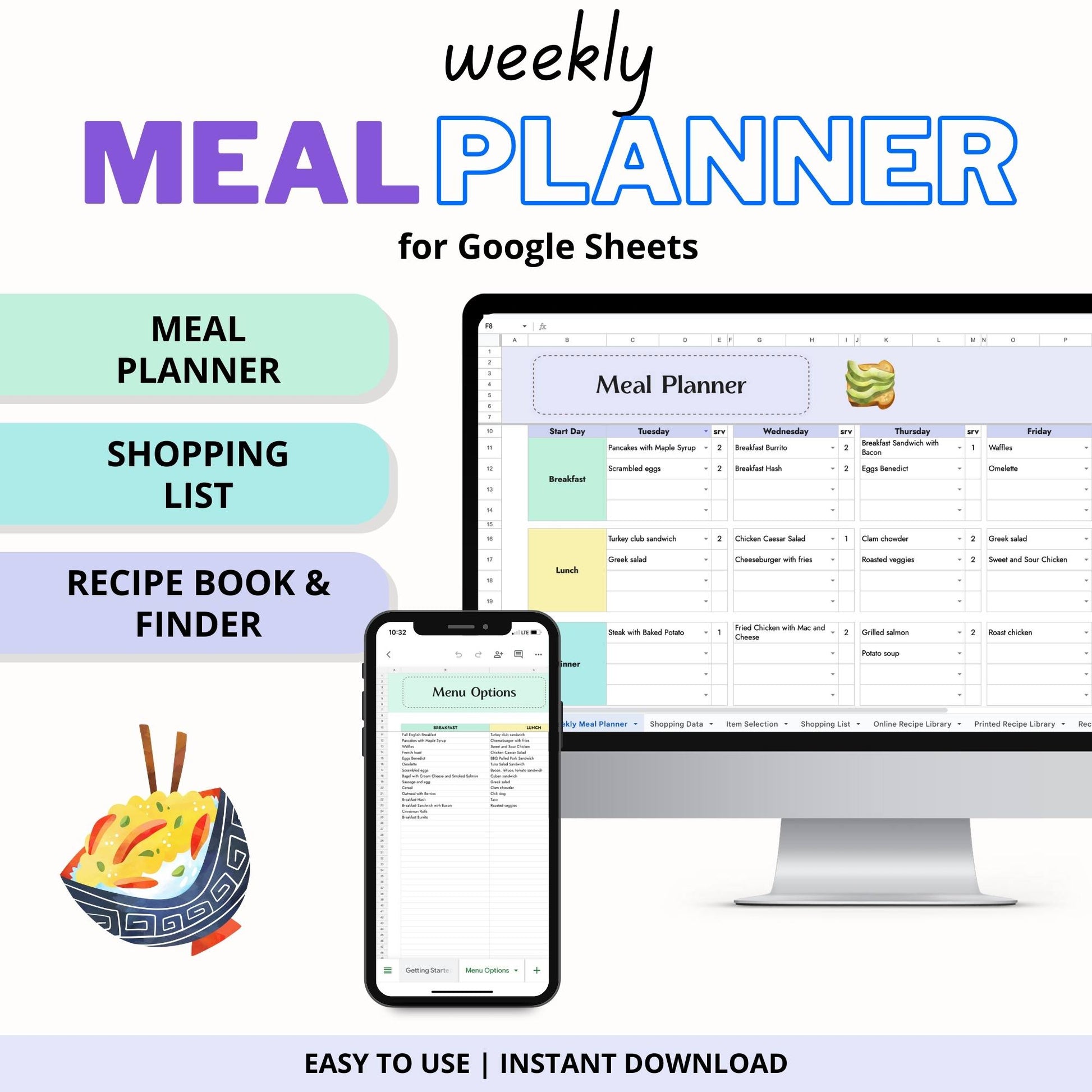 Text "weekly meal planner for google sheets" with a mockup of a spreadsheet on a computer and on a phone