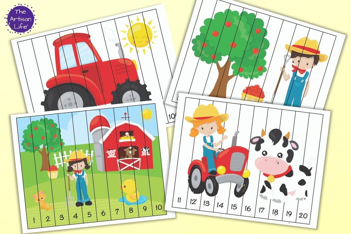 Farm Theme Number Order Puzzles 1-20, skip counting, and fillable PDF