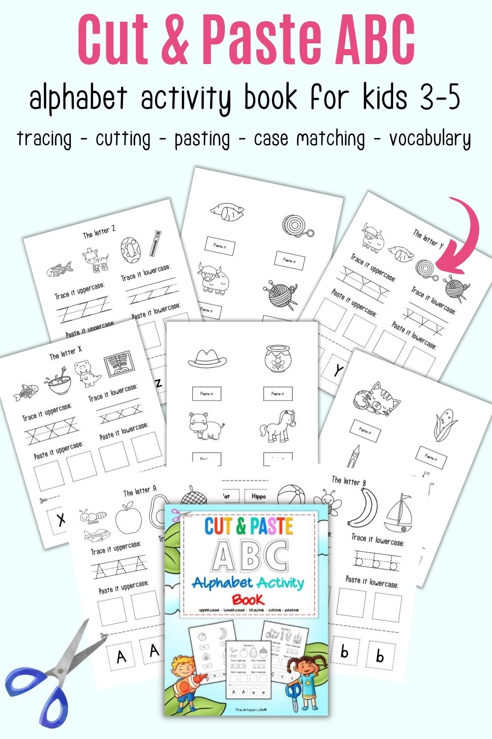 Text "cut and paste ABC alphabet activity book" with a preview of nine pages of printable cut and past and alphabet tracing activities