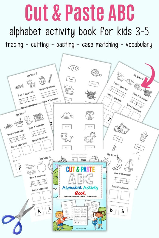 Text "cut and paste ABC alphabet activity book" with a preview of nine pages of printable cut and past and alphabet tracing activities