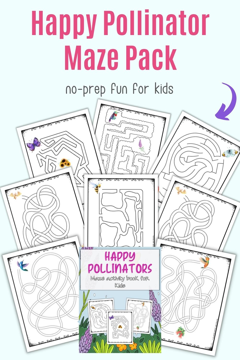 Text "happy pollinator maze pack - no-prep fun for kids"