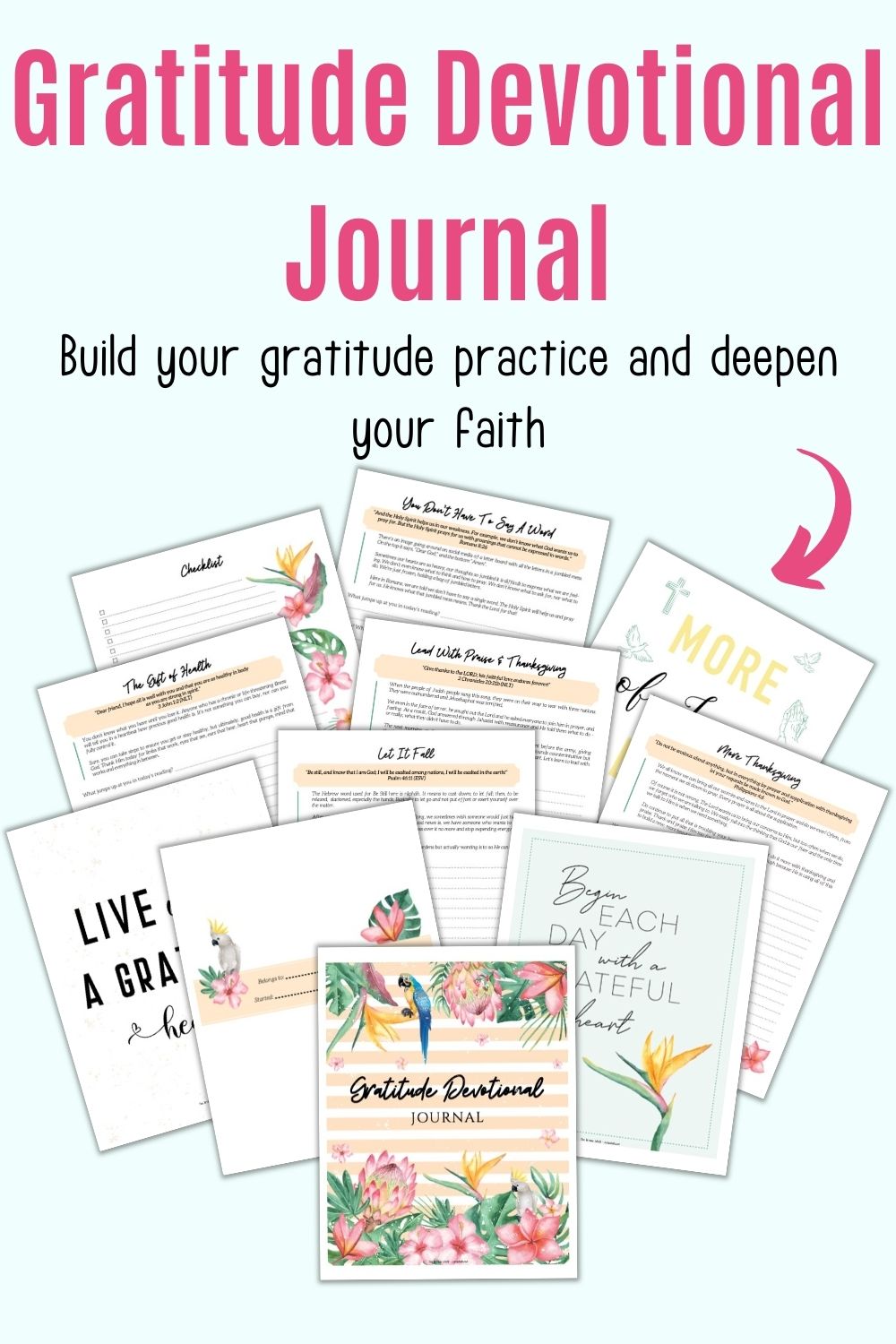 Text "Gratitude Devotional Journal - build your gratitude practice and deepen your faith" above a preview of 11 pages form a tropical themed devotional gratitude journal