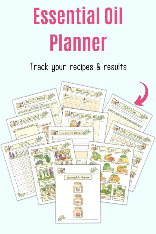 Text "Essential oil planner - track your recipes and results" above a preview of 11 pages from a colorful essential oil planner with recipe cards, recipe ideas, and more