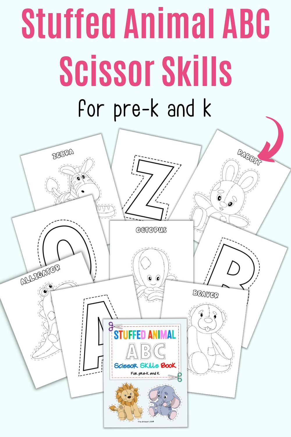 Text "stuffed animal abc scissor skills for pre-k and k" with previews of stuffed animal and alphabet cut and color pages
