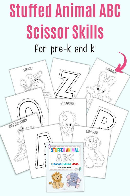 Text "stuffed animal abc scissor skills for pre-k and k" with previews of stuffed animal and alphabet cut and color pages