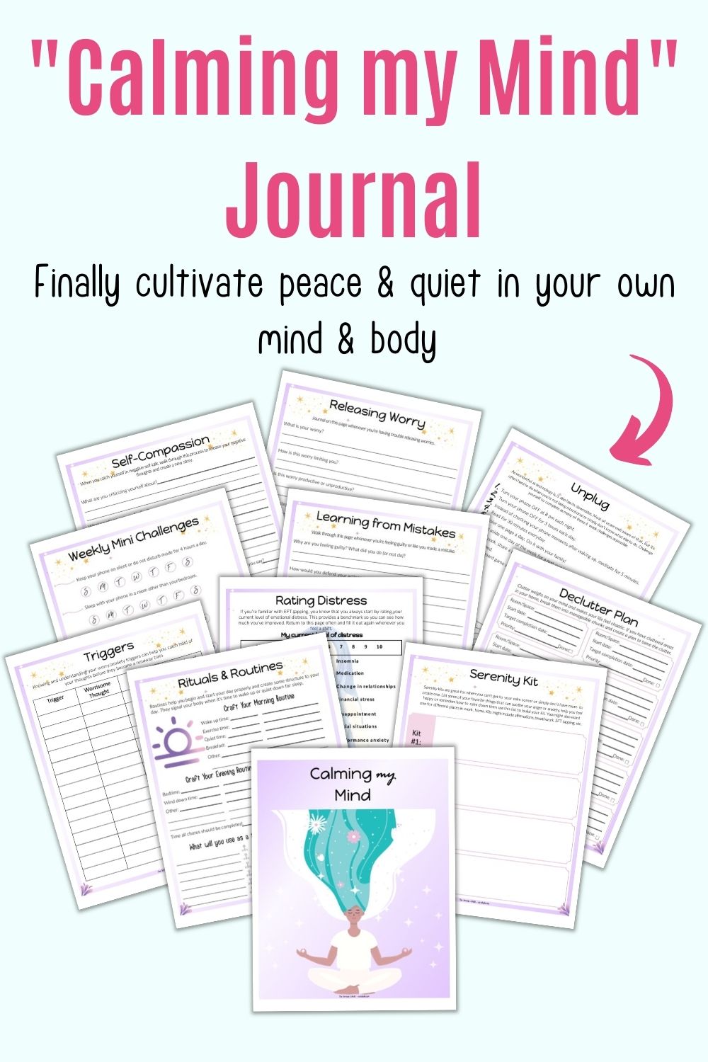 Text "Calming my mind Journal" above a preview of 11 pages from a printable journal