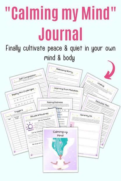 Text "Calming my mind Journal" above a preview of 11 pages from a printable journal