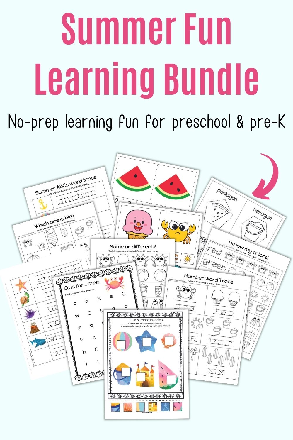 Text "summer fun learning bundle - no-prep learning fun for preschool and pre-k" above a preview of 11 pages of preschool learning printable with a beach theme