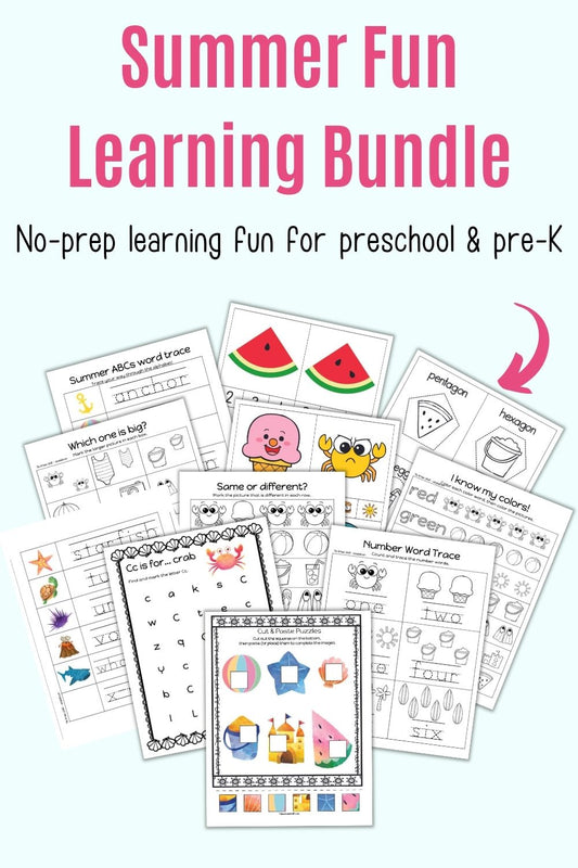 Text "summer fun learning bundle - no-prep learning fun for preschool and pre-k" above a preview of 11 pages of preschool learning printable with a beach theme