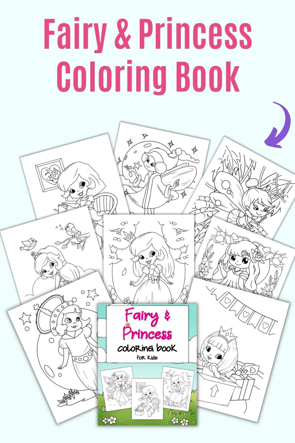 Text "Fairy & princess coloring book" above a preview of a cover and 8 pages from  coloring book for children with fairies and princesses