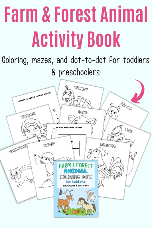 Text "Farm and forest animal activity book. Coloring, mazes, and dot to dot for toddlers and preschoolers" above a preview of 11 simple coloring pages and activity sheets