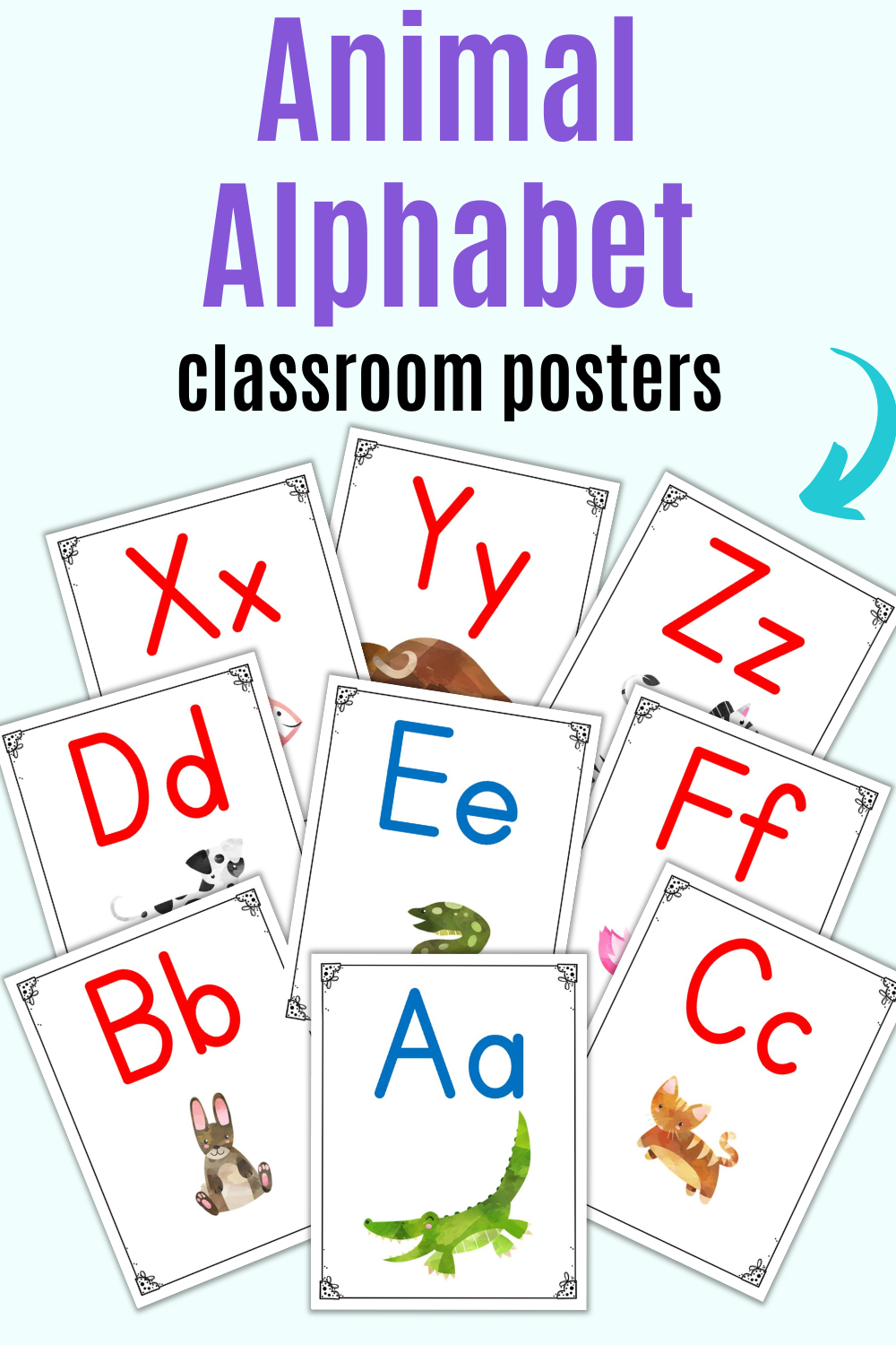 Text "animal alphabet classroom posters" with a preview of 9 alphabet posters with vowels in blue and consonants in red