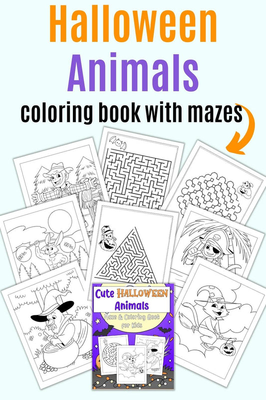 Text "halloween animals coloring book with mazes"