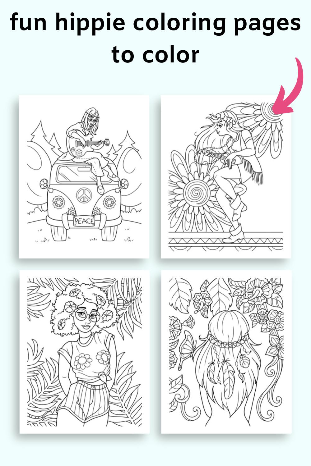 Text "fun hippie coloring pages to color" with an arrow pointing at a preview of four coloring pages. 