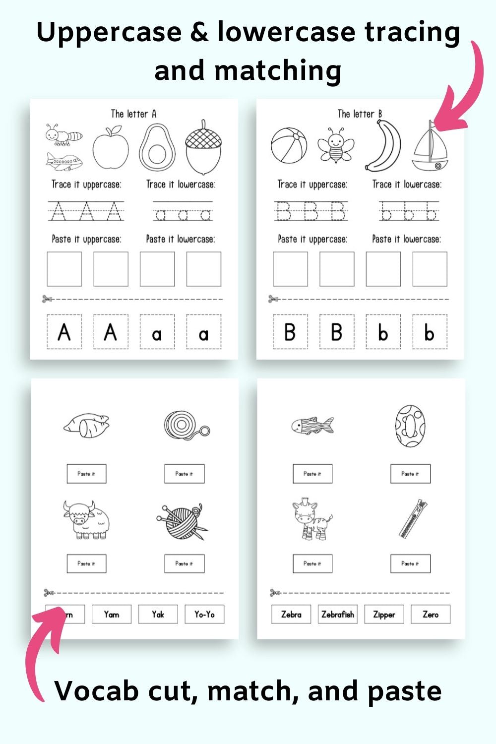Text "uppercase and lowercase  tracing and matching" and "vocab cut, match, and paste" with previews of four alphabet activity pages