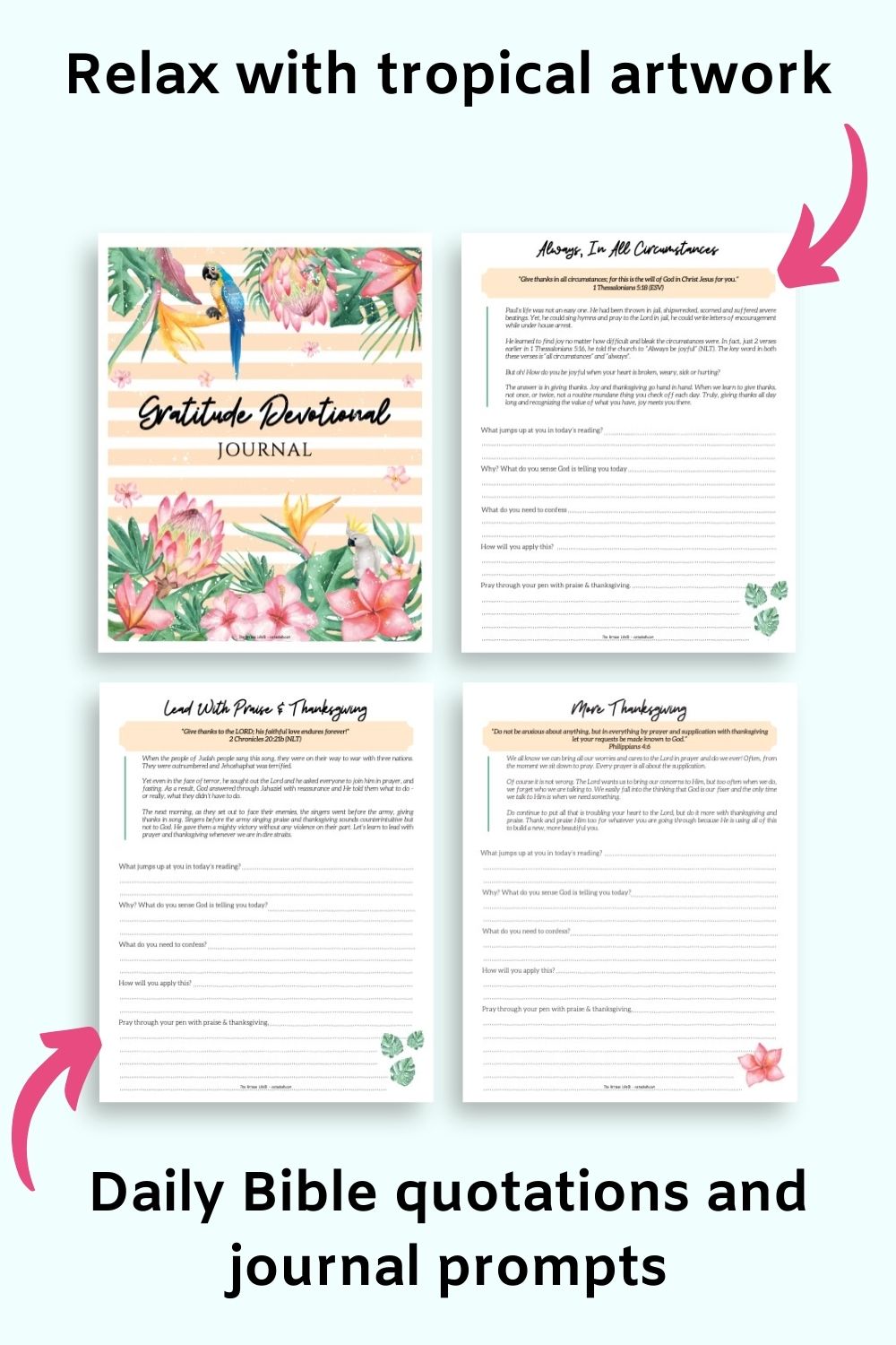 A preview of the cover page and three interior pages from a gratitude devotional journal. Each day has a Bible quotation and guided journal prompts.