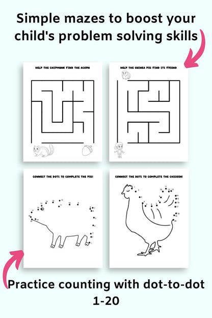 Text "simple mazes to boost your child's problem solving skills" and "practice counting with dot to dot 1-20" with two mazes and two dot to dot sheets
