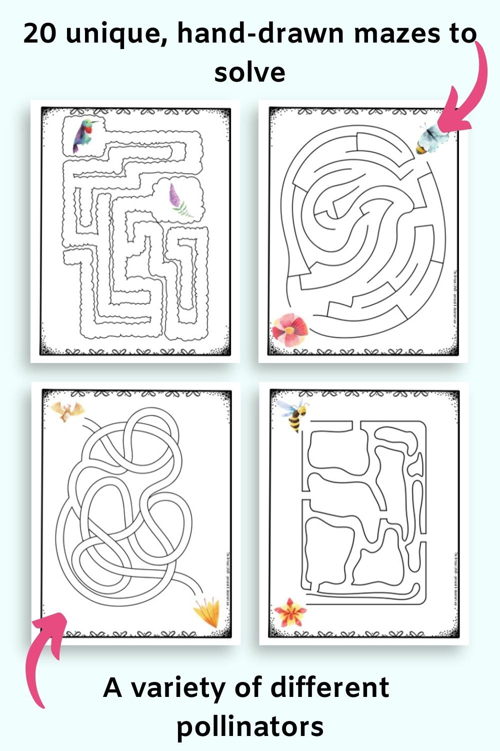 Text "20 unique, hand-drawn mazes to solve" and "a variety of different pollinators"