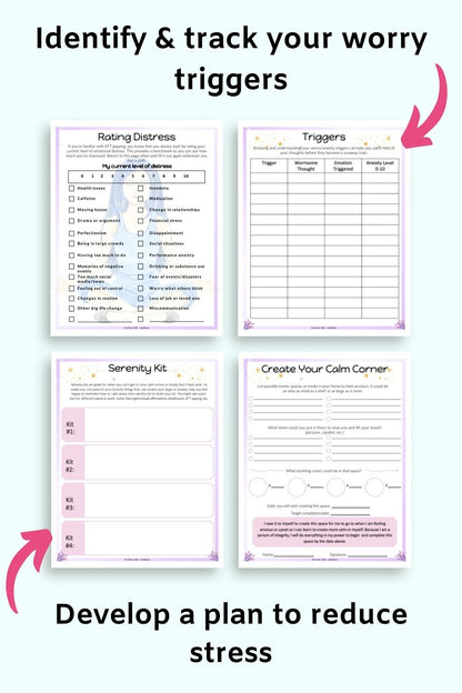 Four journal page printable previews with "rating distress," "triggers," "serenity kit," and "create your calm corner."