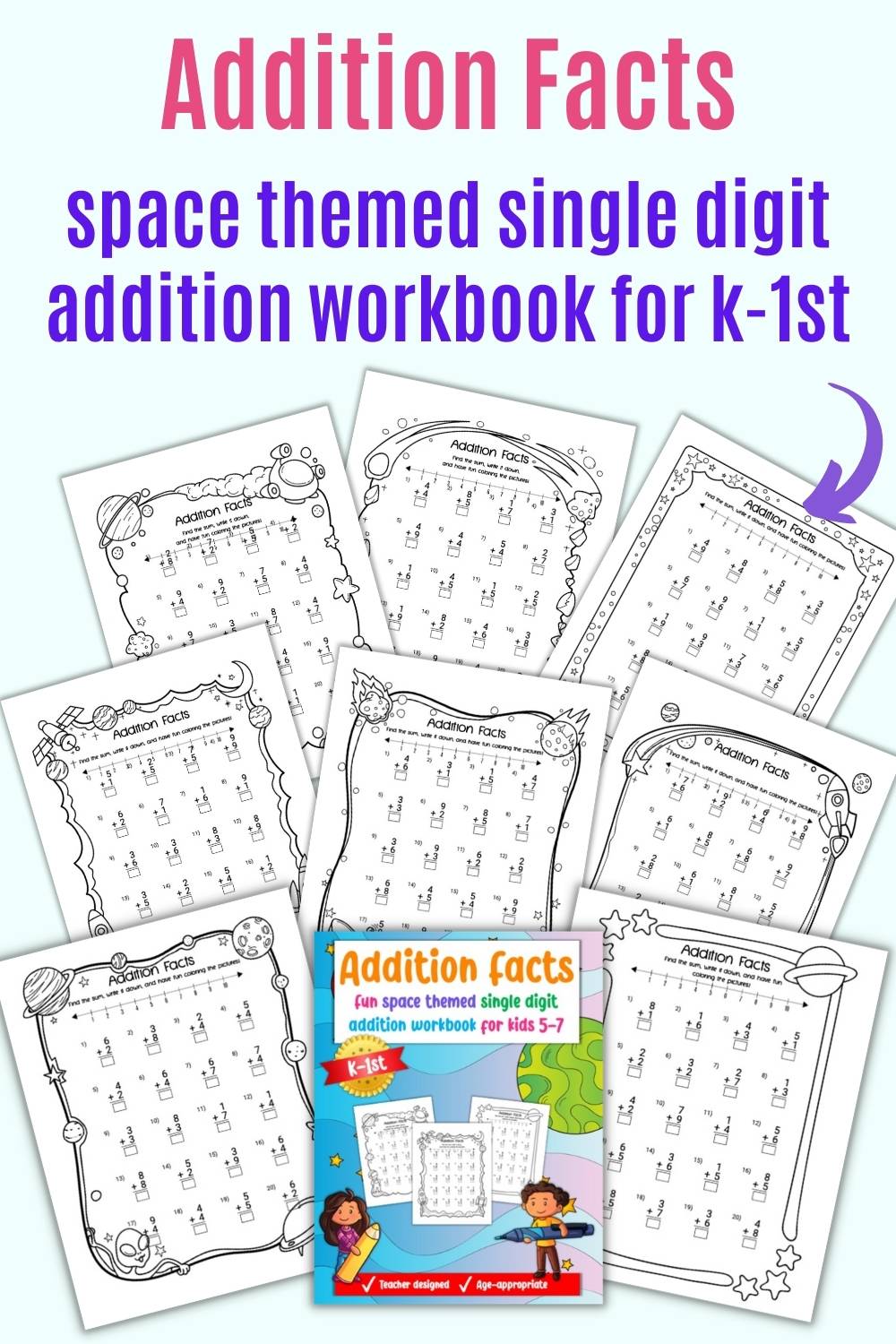 A preview of the front cover of and 8 pages from a single digit addition workbook for kindergarteners