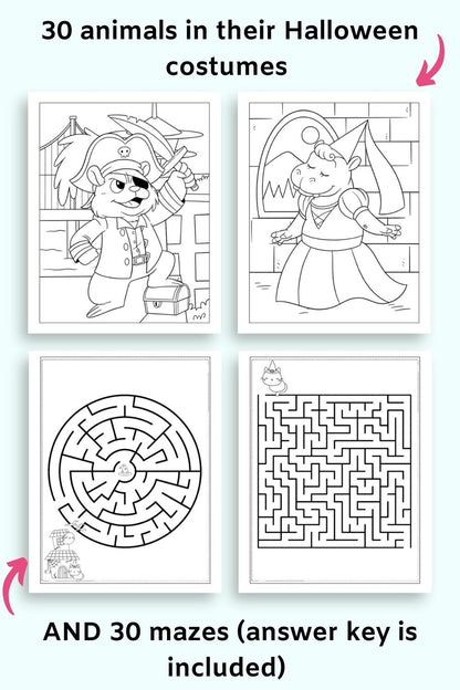 A preview of two Halloween animals (a chipmunk and a hippo)  and two mazes