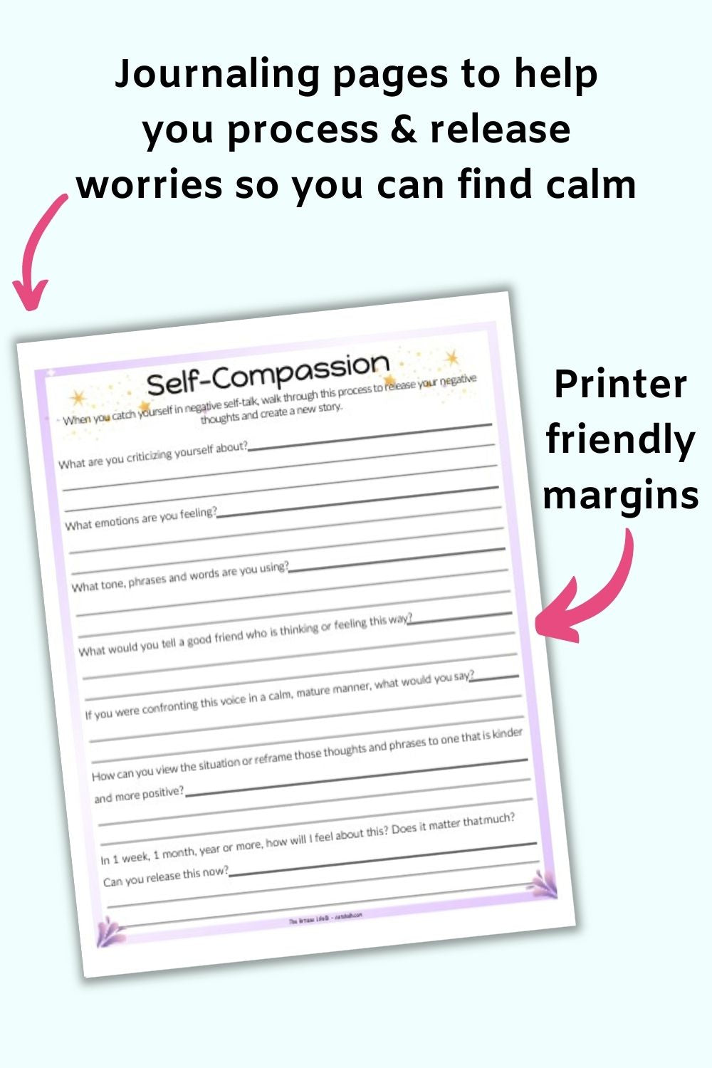 A "self-compassion" journal page with the text overlay "printer friendly margins" and an arrow