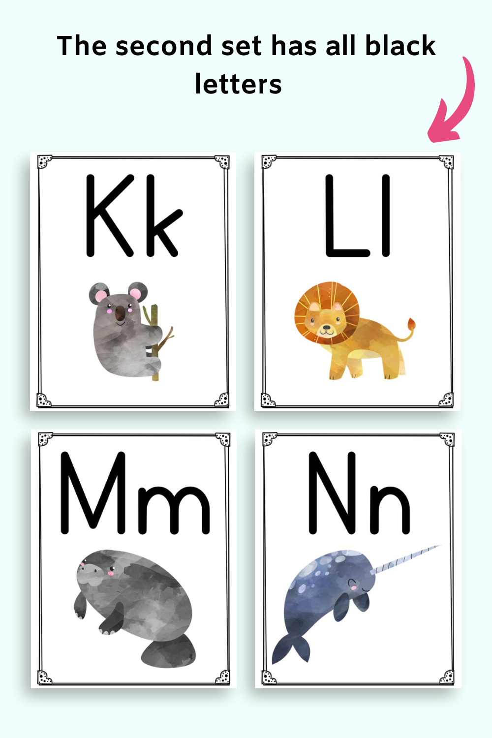 Text "the second set has all black letters" with four alphabet posters - K, L, M , and N