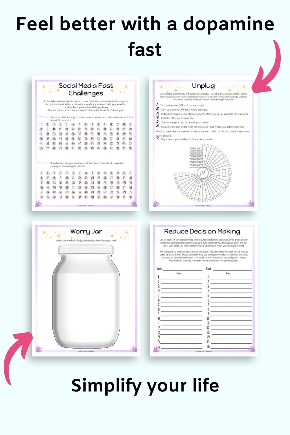 A preview of four journal pages with "Social media fast challenges," "unplug challenges," "worry jar," and "reduce decision making"