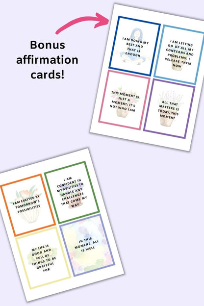 A preview of two pages of printable affirmation card. Each page has four cards with a positive affirmation.