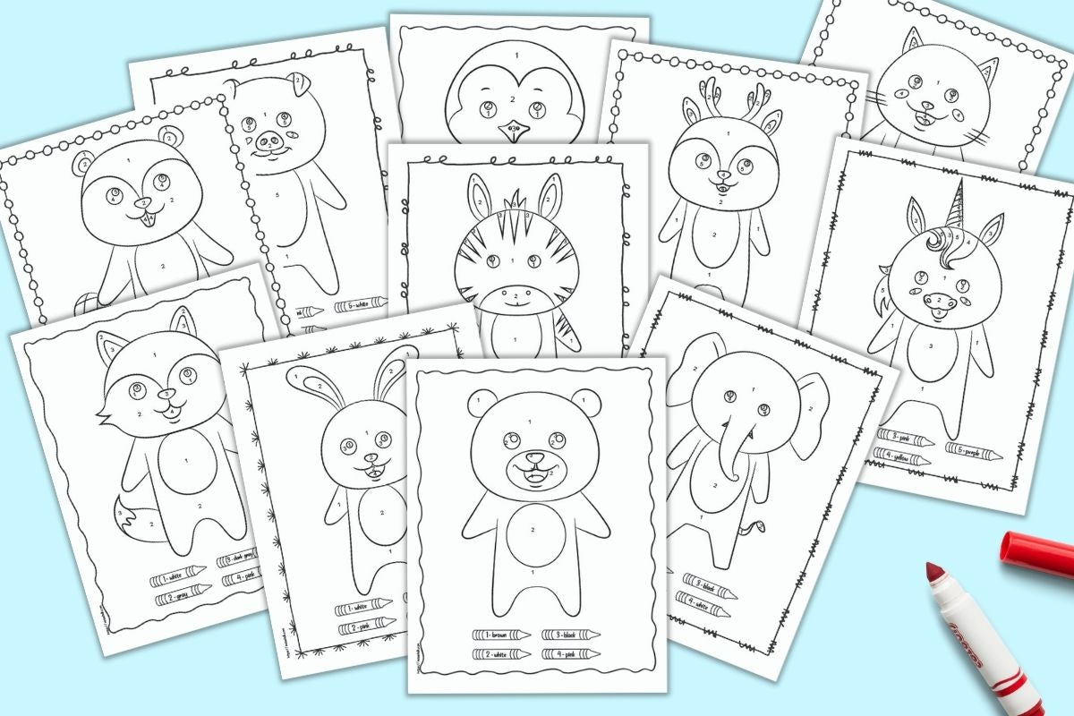 A preview of 11 simple color by number pages for children. Most of the pages have numbers 1-4 or 1-5. Animals include a bear, bunny, elephant, zebra, raccoon, beaver, pig, penguin, deer, cat, and unicorn
