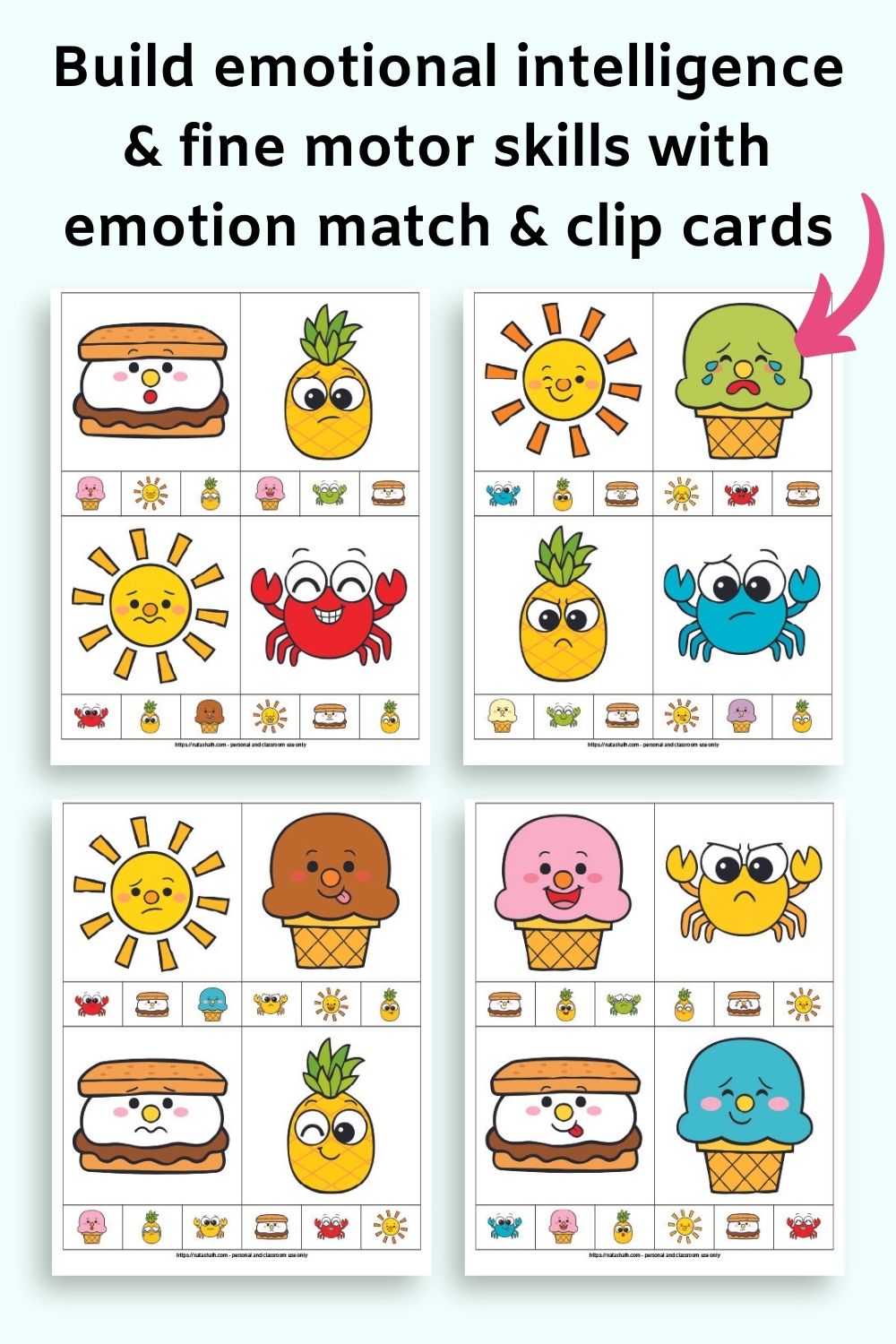 Text "build emotional intelligence and fine motor skills with emotion match & clip cards" with a preview of four pages of emotion match and clip cards with silly summer emojis.