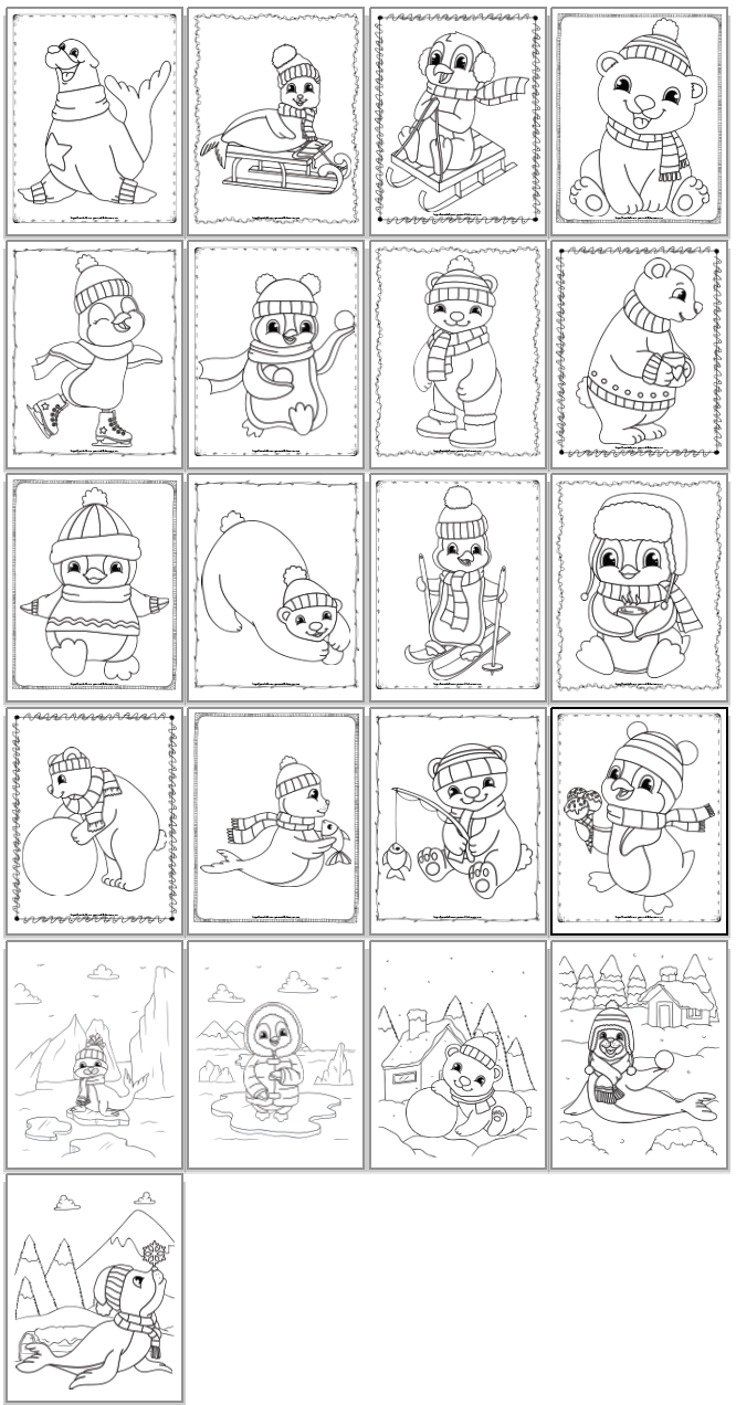 A screenshot with a grid of 21 prinabel cute winter animal coloring pages with cartoon penguins, polar bears, and seals to color