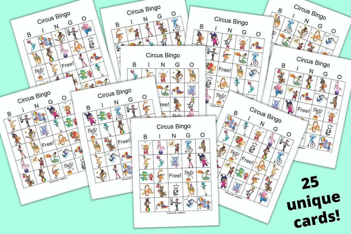 10 printable circus picture bingo cards. Each card as 24 illustrated animal and circus themed images and a center free space.