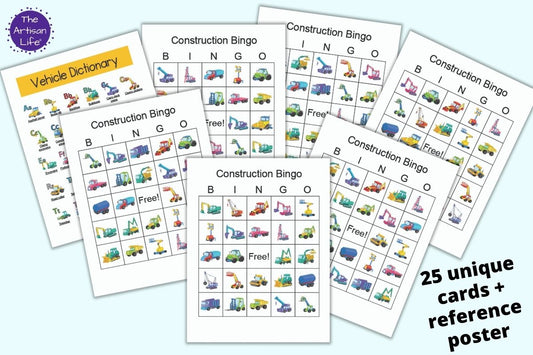 Classroom Set of 25 Construction Vehicle Bingo Cards