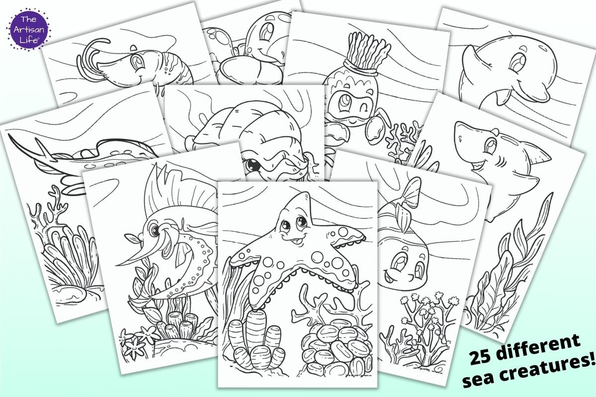 A preview of nine printable cute ocean animal coloring pages including: starfish, clownfish, shark, dolphin, crab, clam, sailfish, stingray, shrimp, and sea turtle