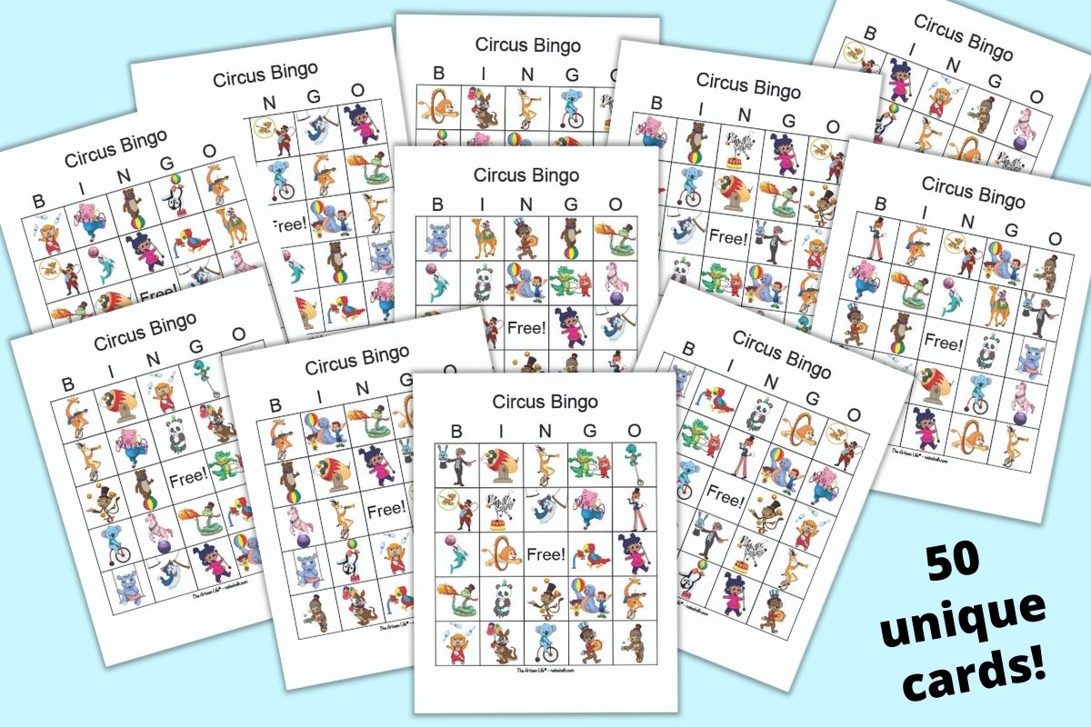 Eleven printable circus themed bingo cards. Each card has 24 illustrated animal and circus themed images with a free space in the center.
