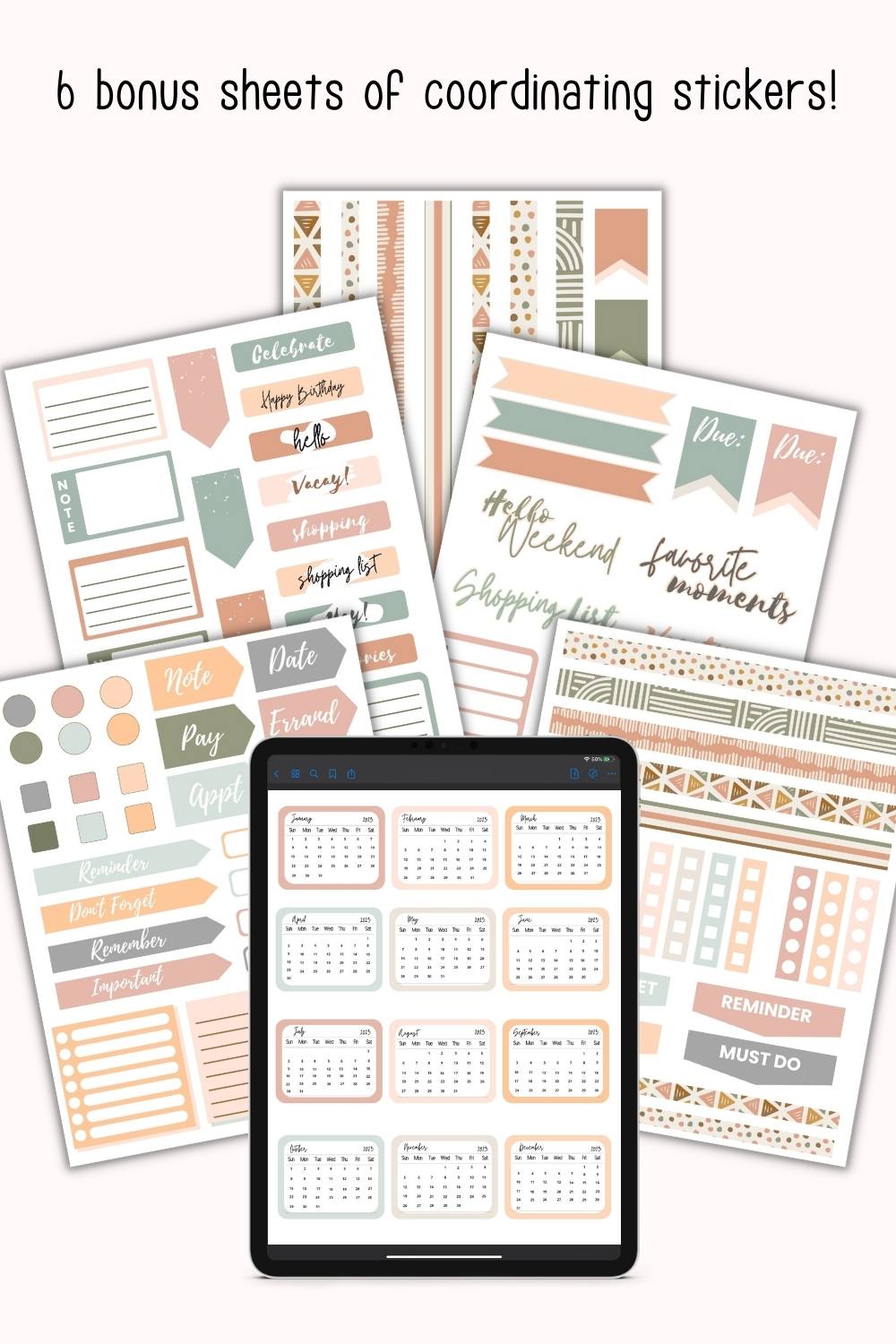 A preview of six boho neutral sticker sheets