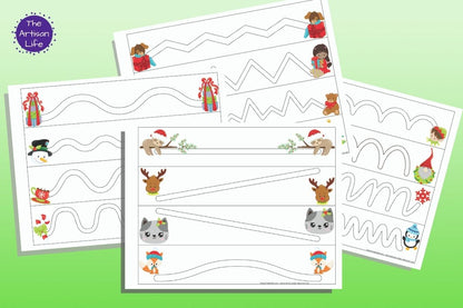 four Christmas trace in the path pages with wide lines to trace ranging from a straight line to zigzags