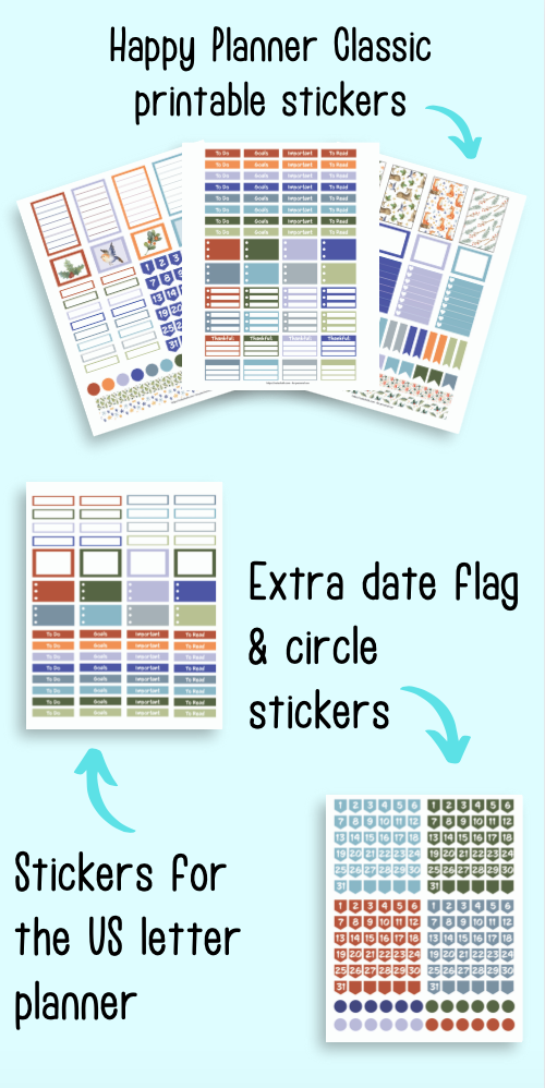 five pages of printable stickers for January. At the top are three pages sized for the Happy Planner Classic. Below are letter-sized stickers and extra colors of date flags and circle stickers. The flatly mockup pages are on a light blue background.