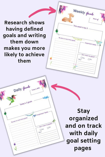 A preview of two printable goal planner pages with watercolor spring floral clipart. The top page is for weekly goals and the bottom page is for daily goals. Each page has space to record the date, the day or week's top 3 goals, action steps, notes, and a check-in.